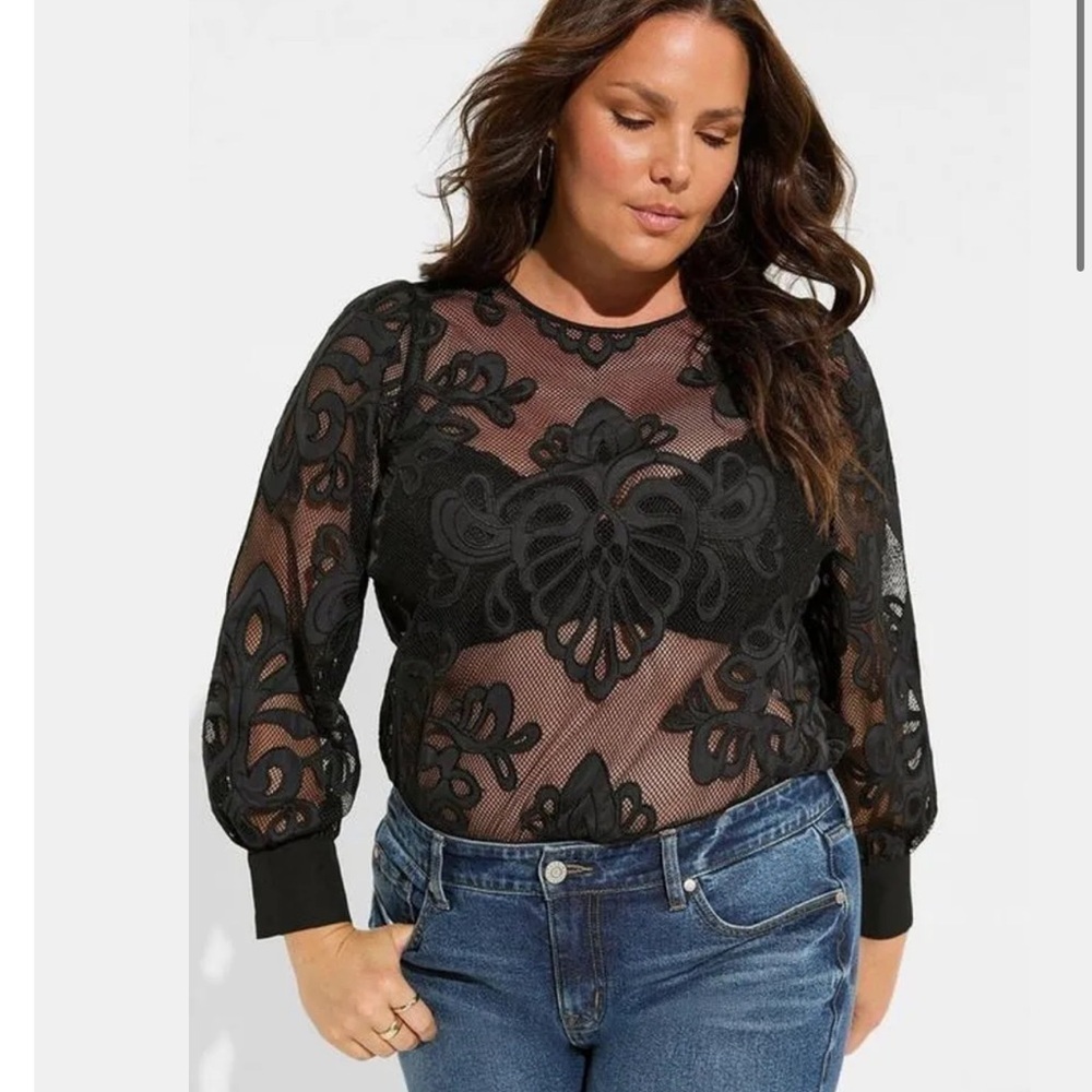 Torrid Sheer Mesh Blouse With Embroidery Long Sleeve Black Top Size 3X